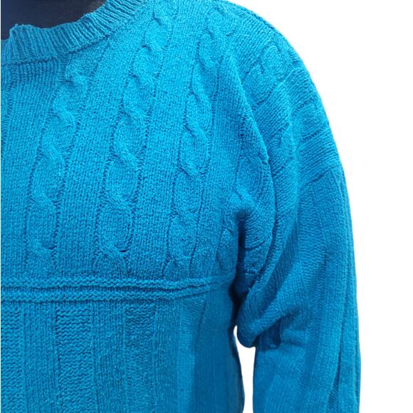 Vntg 1980s Perry Ellis Mens Turquoise Silk Cotton Cable Knit Fisherman Sweater - Picture 2 of 8